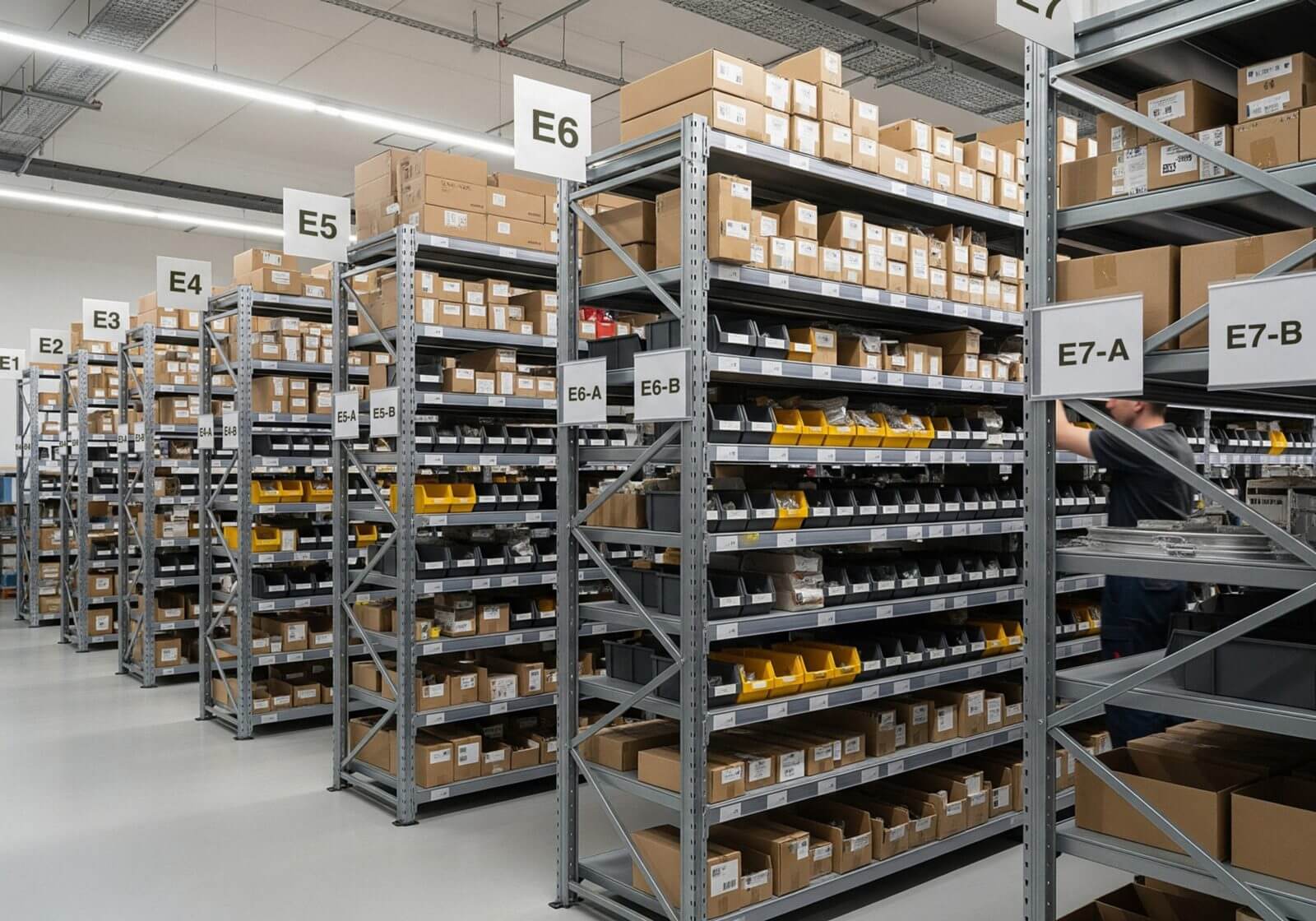 Warehouse shelves with labeled parts